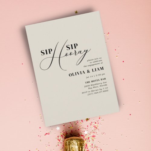 Minimalist Beige Sip Sip Hooray Engagement Party Invitation