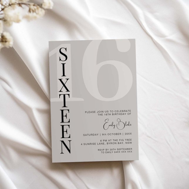 Minimalist Beige Sixteen 16th Birthday Party Invitation (Creator Uploaded)