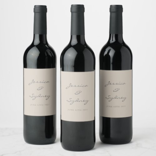 Minimalist Beige Taupe Script Wedding Custom Wine Label