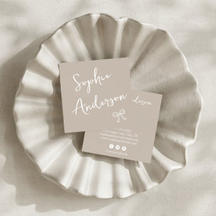 Minimalist Beige with Elegant Script & Bow      Square Business Card