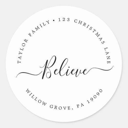 Minimalist Believe Holiday Circular Return Address Classic Round Sticker