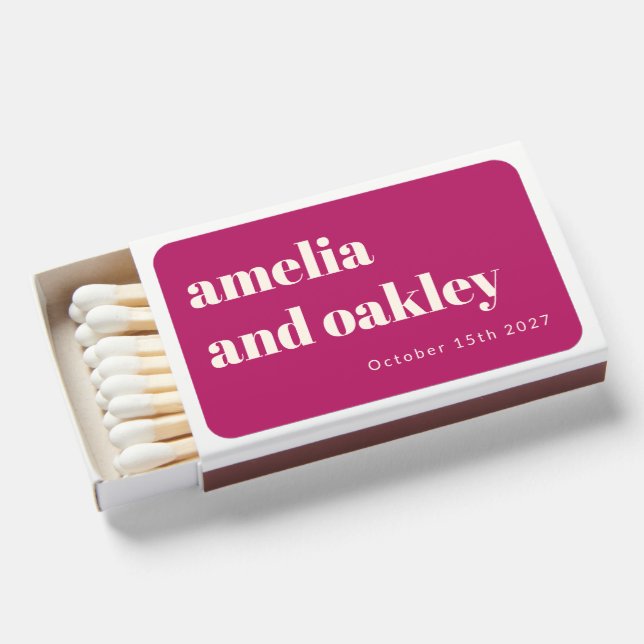 Minimalist Berry Retro Custom Wedding Names Matchboxes (Front Open)