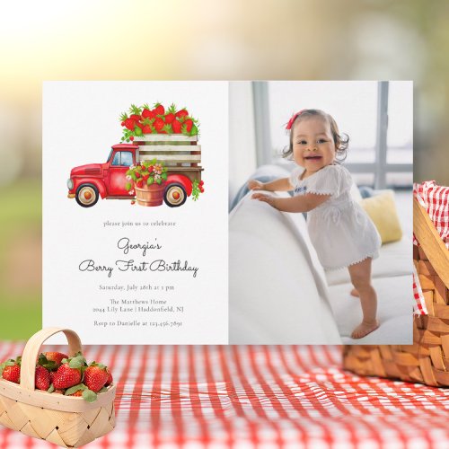 Minimalist Berry Sweet Strawberry First Birthday Invitation