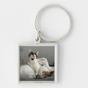 Minimalist Best Cat Mom Ever Custom Pet Photo Keychain