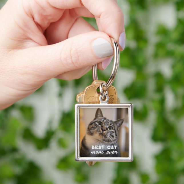 Minimalist Best Cat Mom Ever Custom Pet Photo Keychain (Hand)