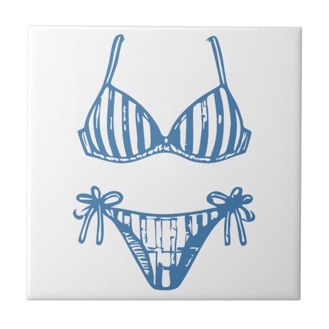 Minimalist Bikini Line Art Blue Outline Coastal Ceramic Tile (Front)