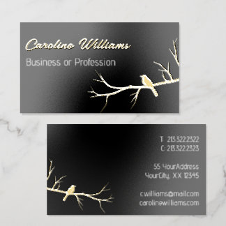 Minimalist Bird Tree Branch Silhouette White Black Foil Business Cards
