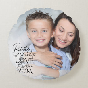 Minimalist Birthday Photo Frame Calligraphy Mom Round Pillow