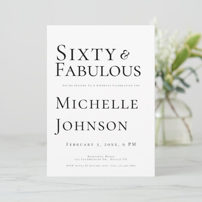 Minimalist Black 60 & Fabulous 60th Birthday Party Invitation (Standing Front)