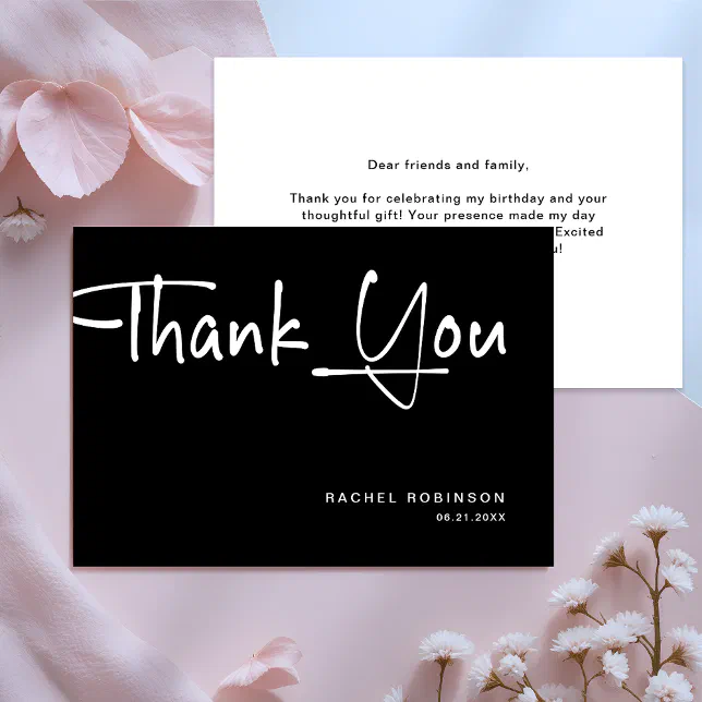 Minimalist Black Adult Birthday Party Custom Thank You Card | Zazzle