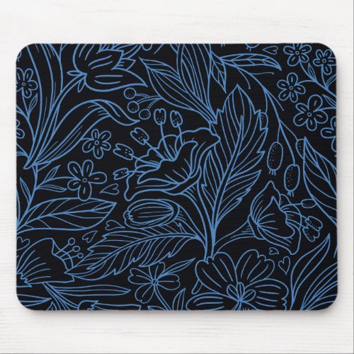 Minimalist Black and Blue Floral Pattern Mouse Pad