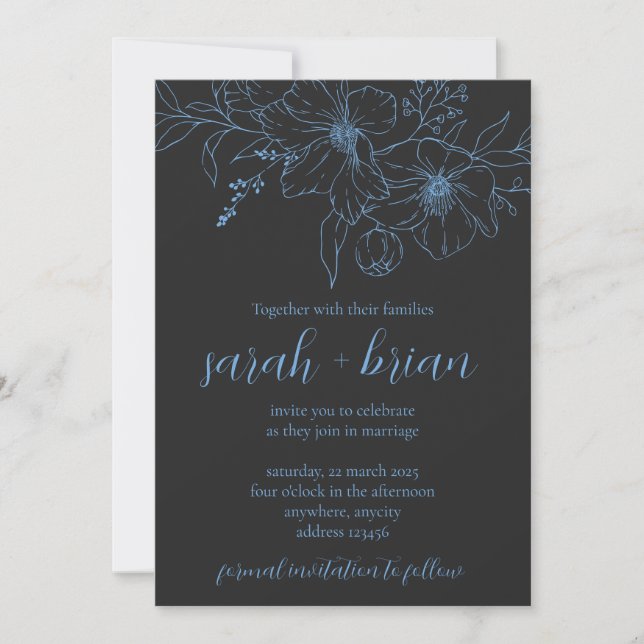 Minimalist Black and Blue Wedding Invitation Card (Front)