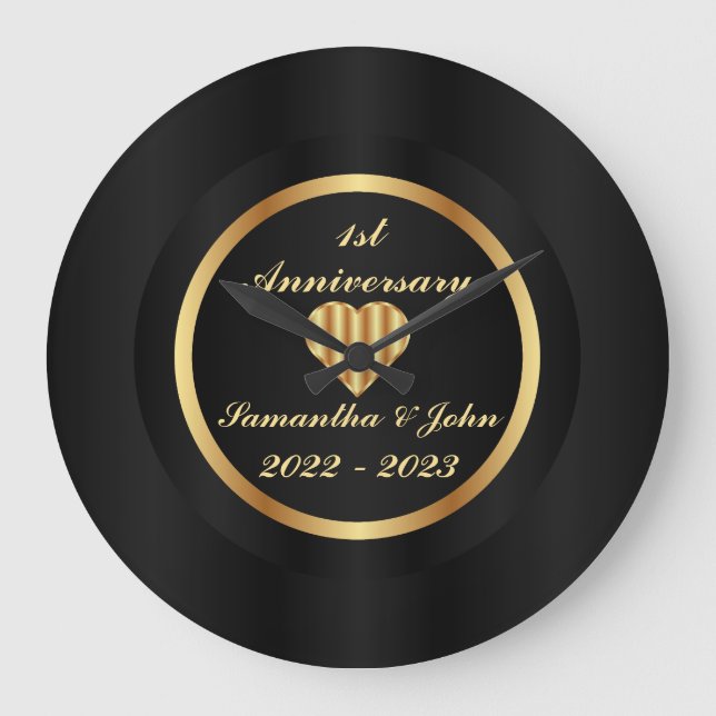 Minimalist Black And Gold 1st Wedding Anniversary Large Clock (Front)