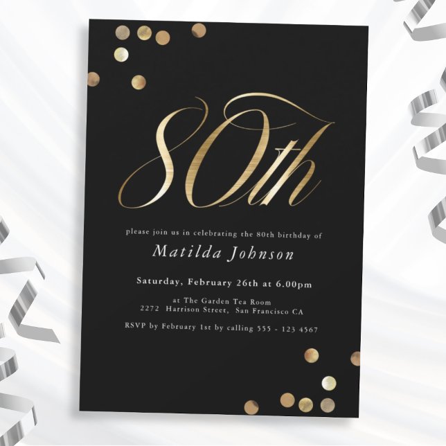 Minimalist Black and Gold 80th Birthday Invitation (Mockup View)