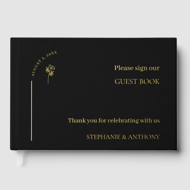 Minimalist Black and Gold Arch Wildflower Wedding  Foil Guest Book (Front)