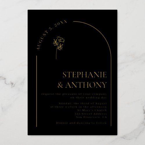 Minimalist Black and Gold Arch Wildflower Wedding  Foil Invitation