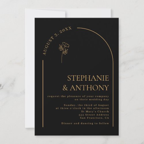 Minimalist Black and Gold Arch Wildflower Wedding  Invitation