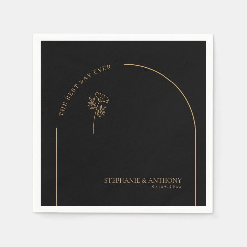 Minimalist Black and Gold Arch Wildflower Wedding  Napkins