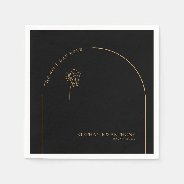 Minimalist Black and Gold Arch Wildflower Wedding  Napkins (Front)
