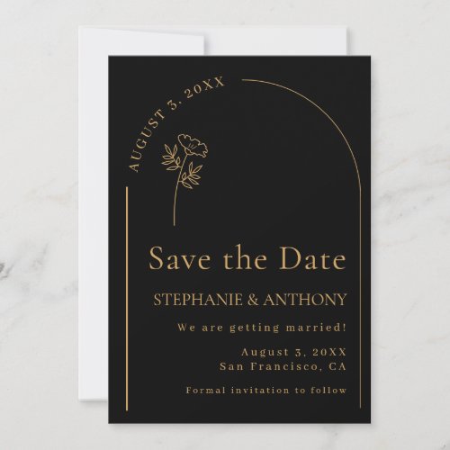 Minimalist Black and Gold Arch Wildflower Wedding  Save The Date