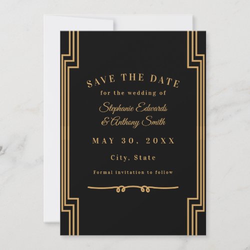 Minimalist Black and Gold Art Deco Wedding  Save The Date