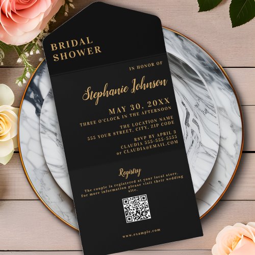 Minimalist Black and Gold Bridal Shower All In One Invitation