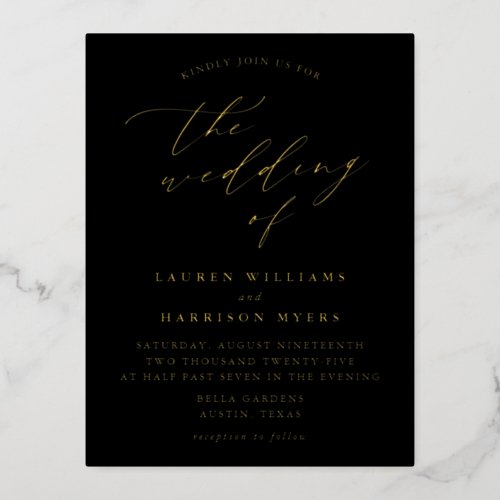 Minimalist Black and Gold Calligraphy Wedding Foil Invitation Postcard