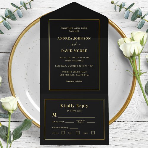 Minimalist Black and Gold Double Frame Wedding All In One Invitation