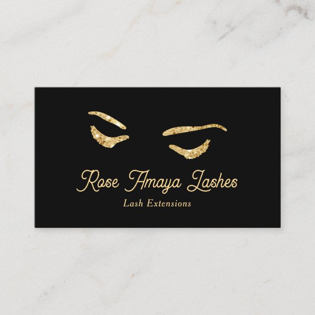 Minimalist Black and Gold Eyelash Extensions Business Card (Front)