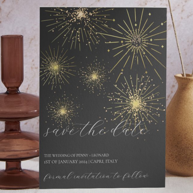 Minimalist Black and Gold Fireworks Save The Date Invitation (black and gold save the date fireworks)