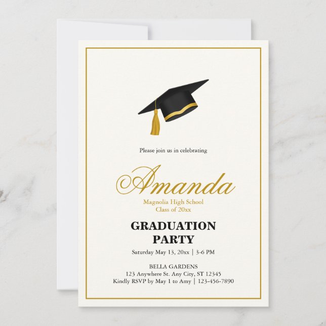 Minimalist Black and Gold Graduation Party Invitation (Front)