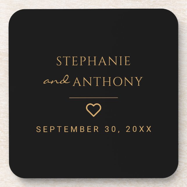 Minimalist Black And Gold Heart Modern Wedding   Beverage Coaster (Front)