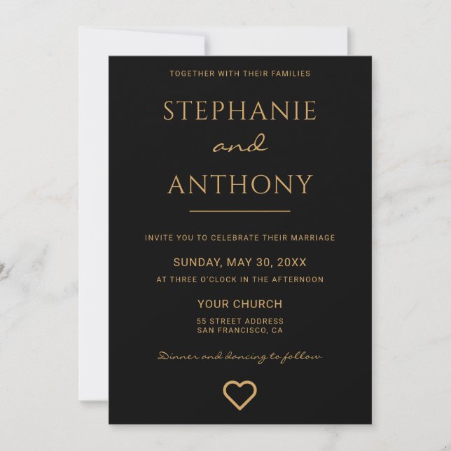 Minimalist Black And Gold Heart Modern Wedding   Invitation (Front)