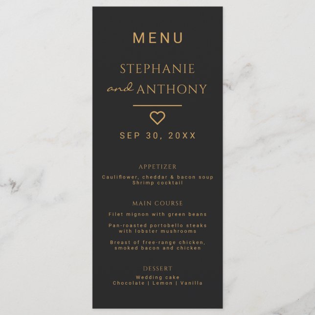 Minimalist Black And Gold Heart Modern Wedding   Menu (Front)