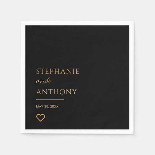 Minimalist Black and Gold Heart Modern Wedding  Napkins