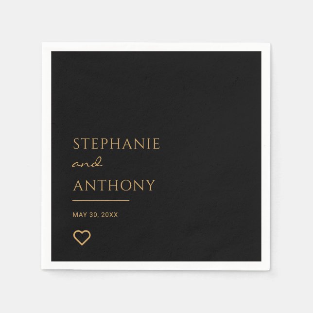 Minimalist Black and Gold Heart Modern Wedding  Napkins (Front)