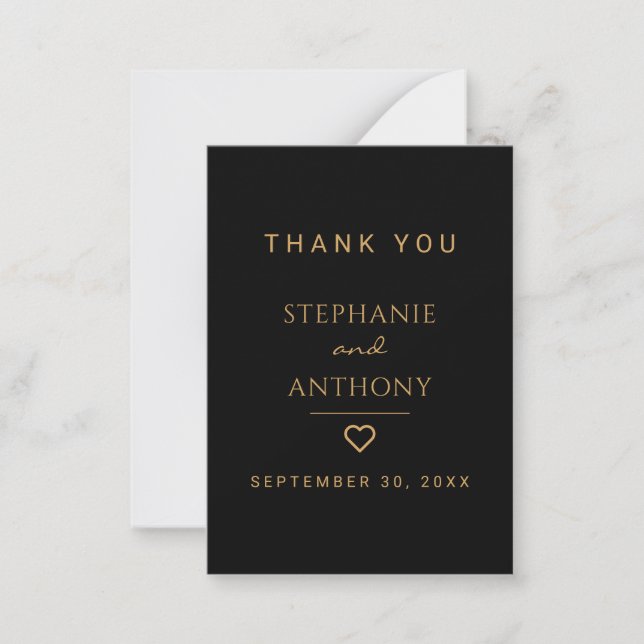 Minimalist Black And Gold Heart Modern Wedding   Note Card (Front)