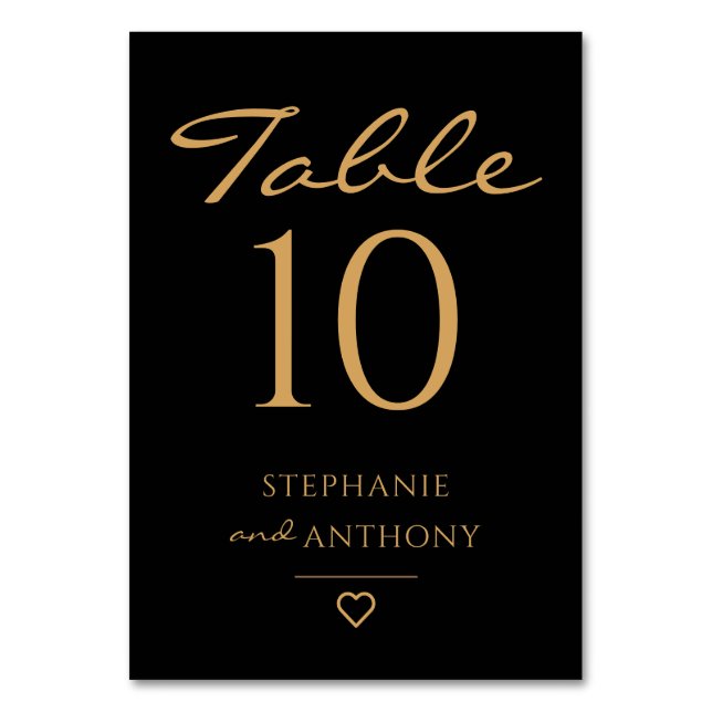 Minimalist Black And Gold Heart Modern Wedding   Table Number (Front)