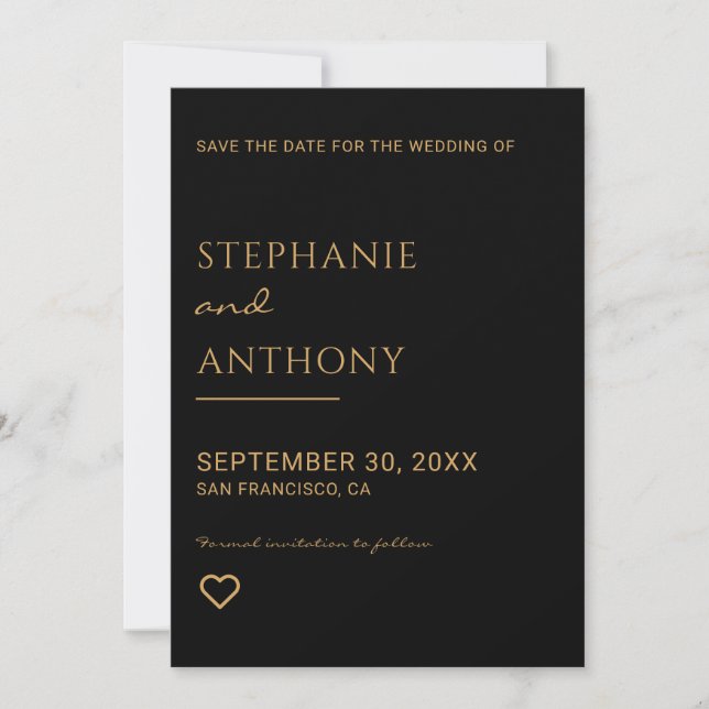 Minimalist Black And Gold Heart Wedding   Announcement (Front)