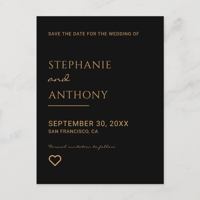 Minimalist Black And Gold Heart Wedding   Announcement Postcard (Front)