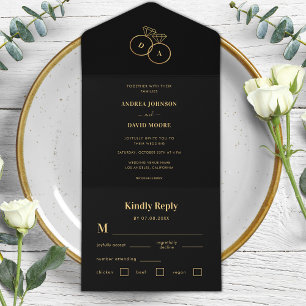 Minimalist Black and Gold Rings & Monogram Wedding All In One Invitation
