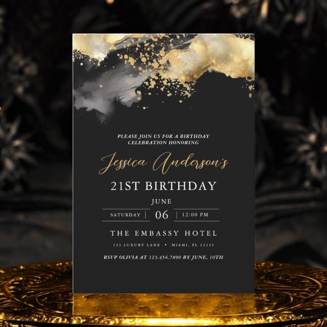 Minimalist Black and Gold Script 21st Birthday Invitation (Creator Uploaded)