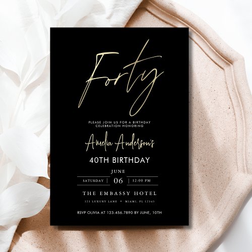 Minimalist Black and Gold Script 40th Birthday