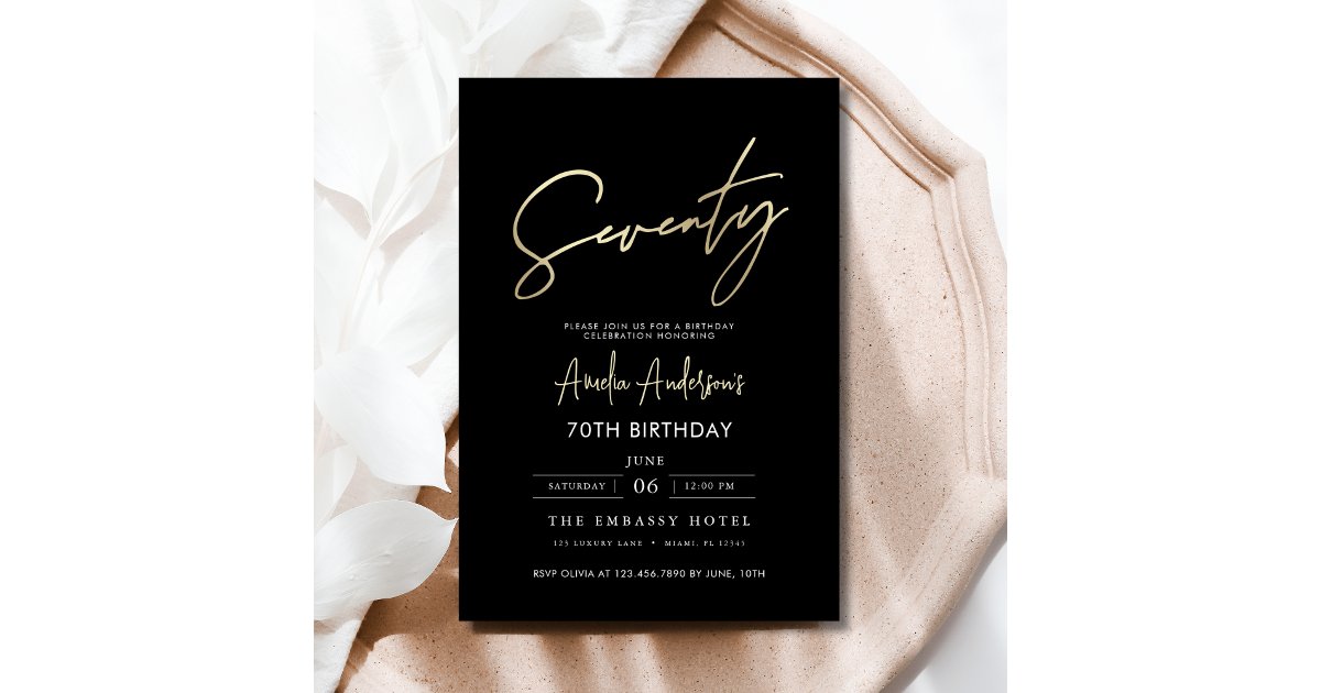 Minimalist Black and Gold Script 70th Birthday Invitation | Zazzle