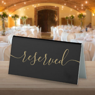 Minimalist Black And Gold Script Reserved Table Tent