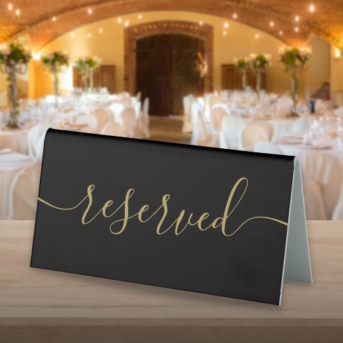 Minimalist Black And Gold Script Reserved Table Tent Sign