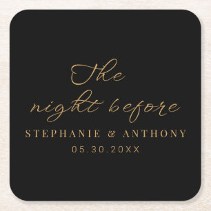 Minimalist Black and Gold The Night Before Wedding Square Paper Coaster