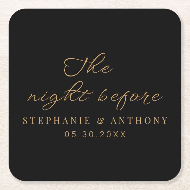 Minimalist Black and Gold The Night Before Wedding Square Paper Coaster (Front)