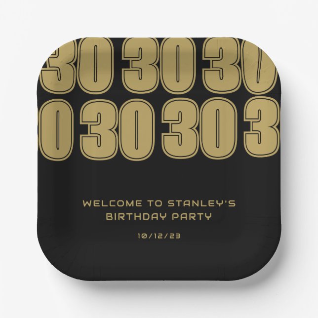 Minimalist Black and Gold Thirty Birthday Party Paper Plates (Front)