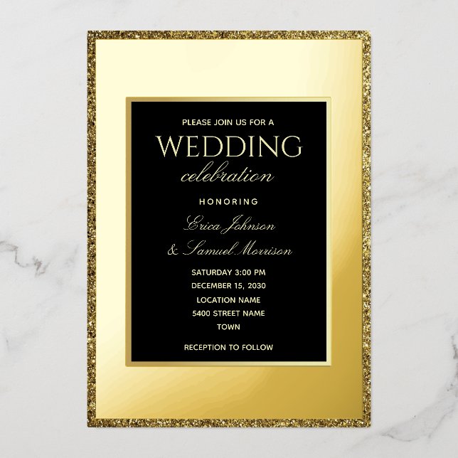 Minimalist Black and Gold Wedding Foil Invitation (Front)